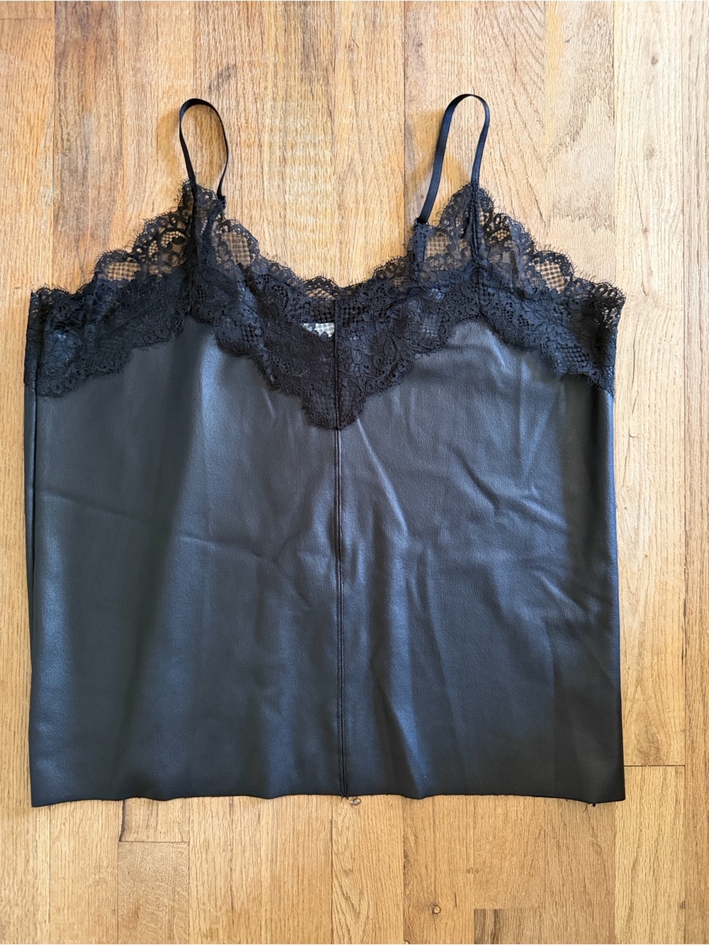 H&M Black Faux Leather Lace Trim Camisole Top V-Neck Strappy Cami Med